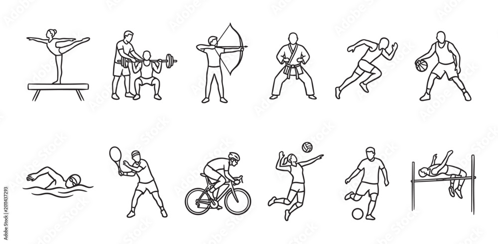 Obraz premium A collection of hand-drawn black and white silhouette icons depicting various athletes engaged in sports like gymnastics, weightlifting, archery, karate, running, basketball, swimming, tennis, cycling