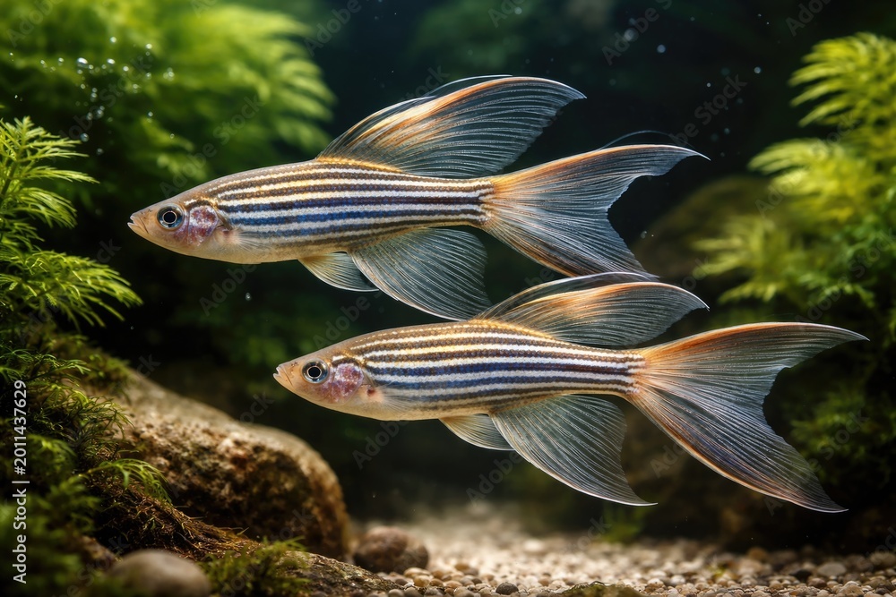 Fototapeta premium Bright Veil Fin Zebra Danios pair gliding through freshwater habitat
