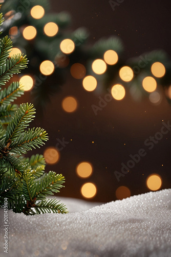 Christmas background with glowing lights and snow – festive winter holiday banner