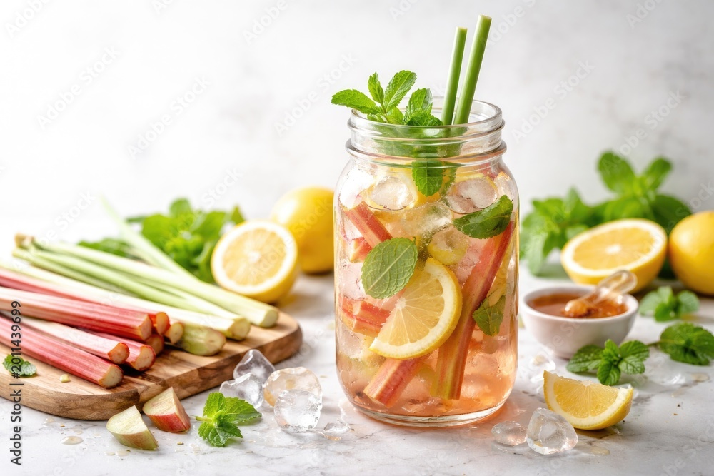 Fototapeta premium Summer homemade detox drink with lemongrass rhubarb lemon full of vitamins on white background copy space