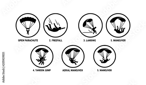 Tableau sur toile Parachute Skydiving Silhouette Icons Set Extreme Sport Black Vector Pack