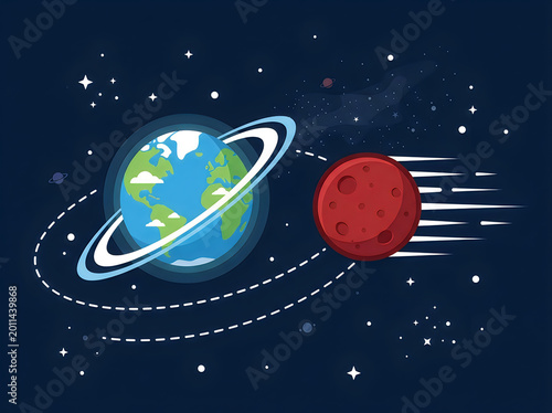 Cartoon earth planet with rings and a red flying planet moving through deep dark space with many bright glowing stars around it in a colorful flat vector illustration style for kids science projects