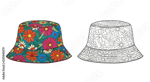 Colorful floral bucket hat and black and white outline version  