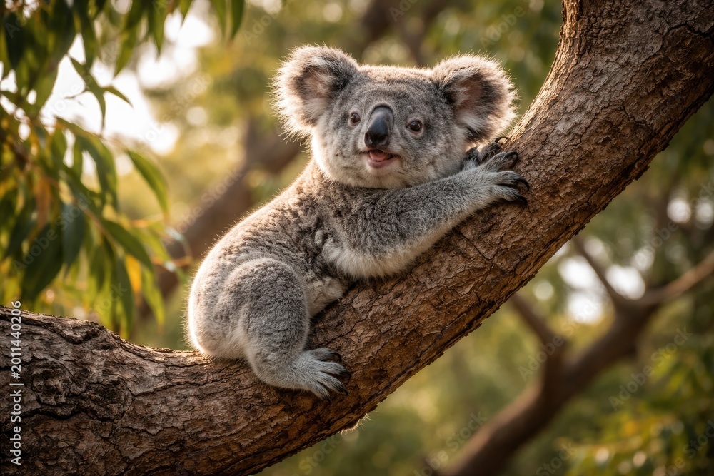 Fototapeta premium Playful koala perched comfortably on a high tree limb admiring nature