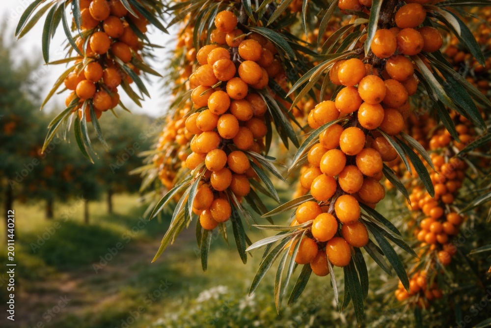 Fototapeta premium Organic sea buckthorn fruit hanging from branches in a natural farm environment