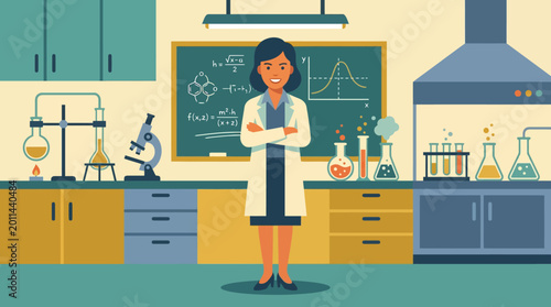 Photos Female scientist in laboratory setting with equipment.