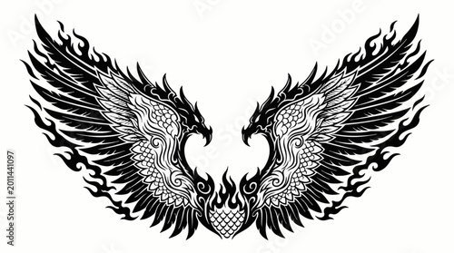 Fotografie Symmetrical eagle wings with fiery dragon details vector emblem for heraldic cre