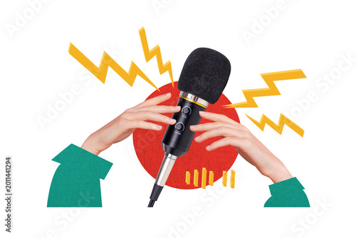 Exclusive art banner collage of hands hold voice microphone karaoke occasion event strike voice revolution lightning symbol
