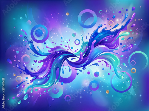 Abstract blue and purple liquid paint splash background with flowing curves and glowing bubbles for creative design projects