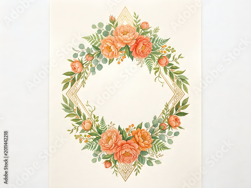 Beautiful floral wreath made of soft pink and orange roses with green leaves and small blue berries in a romantic hand drawn watercolor style perfect for wedding invitations and greeting cards