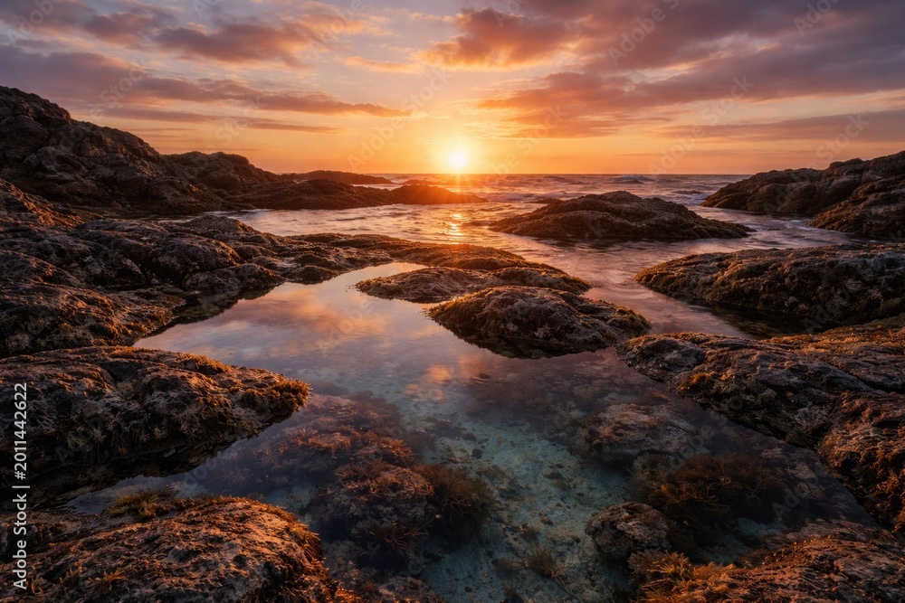 Fototapeta premium Sunset over rocky shoreline featuring tranquil natural tide pools