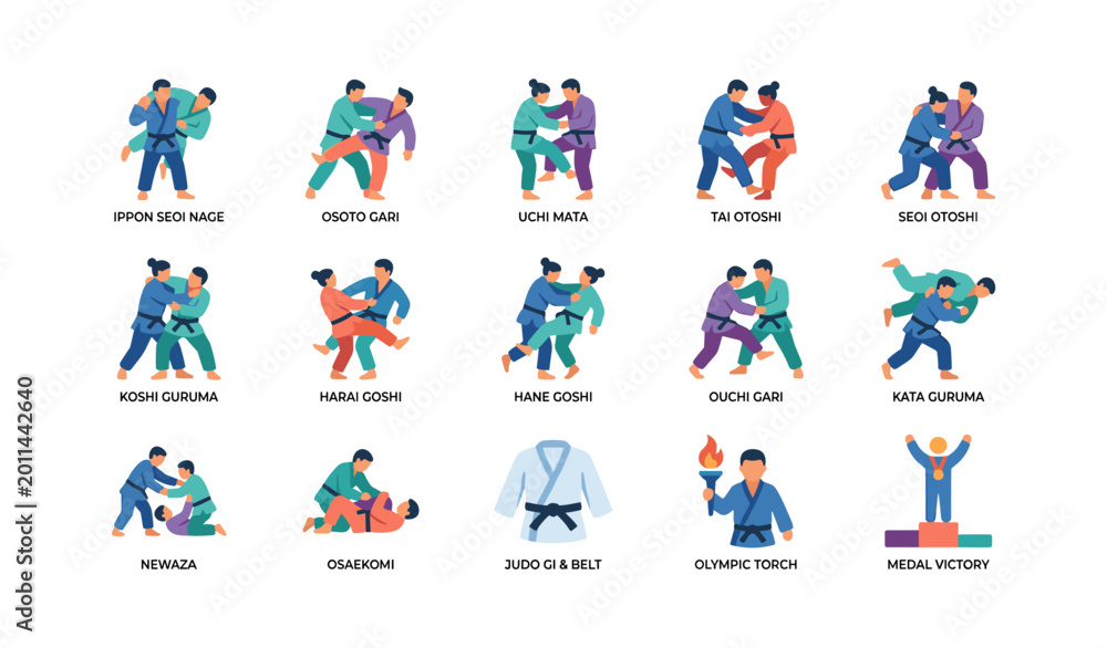 Fototapeta premium Judo technique icons illustrating throws and gi in grid