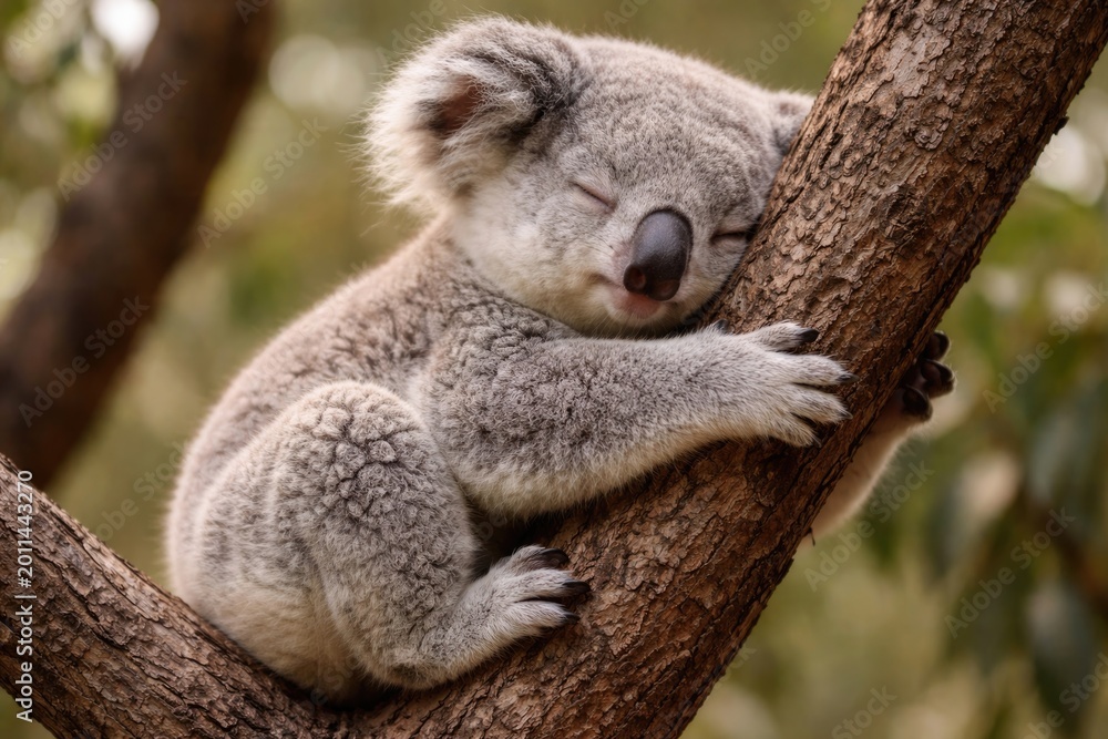Fototapeta premium Resting young koala tenderly clutching a tree limb in tranquil pose