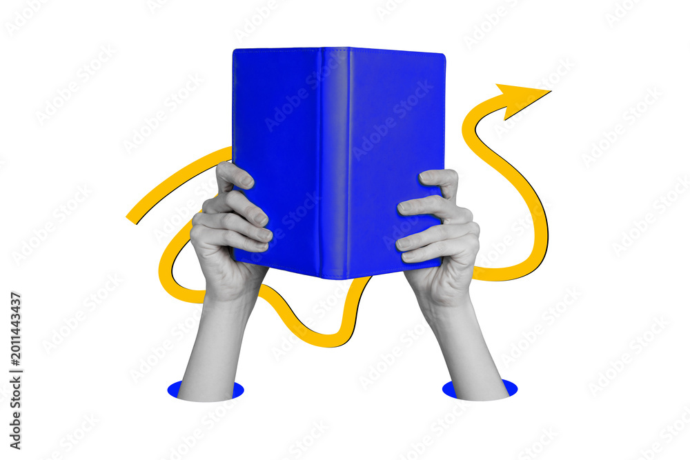 Fototapeta premium Composite photo collage of people hand hold open book read new bestseller novel library reader arrow reader isolated on painted background