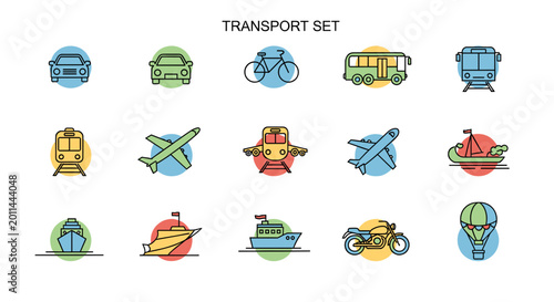 Tableau sur toile A vibrant set of flat design outlined icons depicting various modes of transport including cars, bikes, trains, planes, and boats