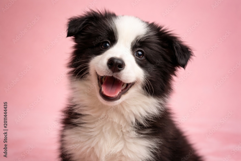 Fototapeta premium Sweet smiling border collie puppy in isolated pink studio environment