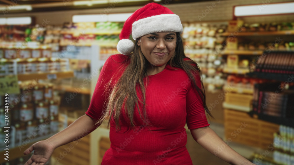 Fototapeta premium Woman in santa hat and red shirt covers mouth and claps in grocery building aisle; holiday seasonal surprise.