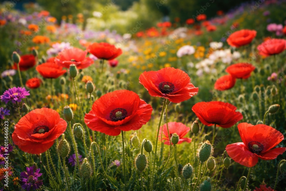 Fototapeta premium Colorful red poppies blossoming fully in a lively summer flower garden