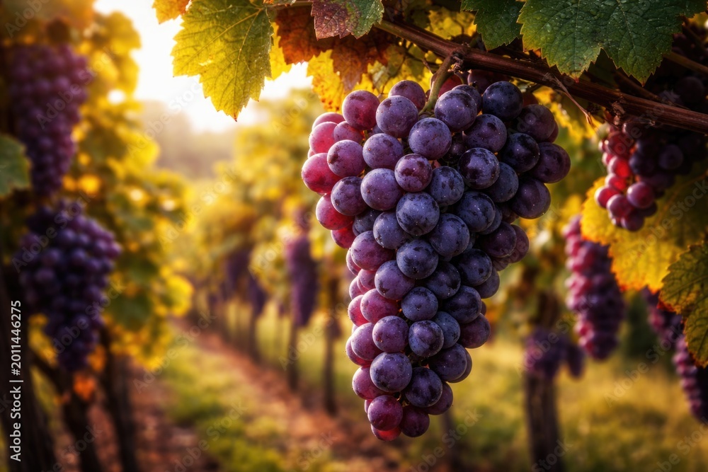 Naklejka premium Purple grapes bunch on lush vine in vineyard ripe for autumn picking