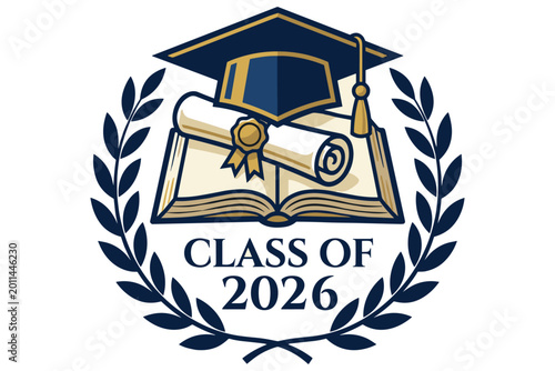 Class of 2026 Graduation Cap and Diploma on Open Book with Laurel Wreath Emblem - Symbol of Academic Achievement and Commencement