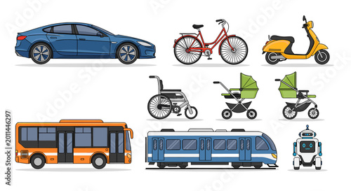 Quadro su tela Collection of various modes of transport including car, bicycle, scooter, bus, train, wheelchair, strollers, and a robot vehicle