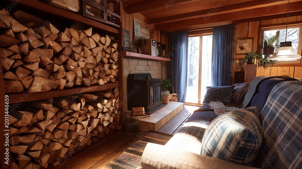 Fototapeta premium Cozy rustic cabin interior featuring a fireplace and stacked firewood logs