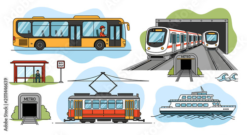 Photos Collection of various public transportation methods including bus, train, metro, tram, and ferry, illustrating urban and intercity travel options