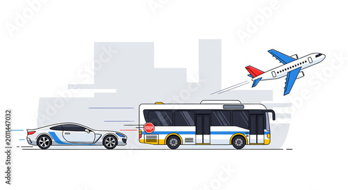 Fotografia A sleek white sports car, a modern city bus, and an airplane taking off, illustrating different modes of fast transportation in a stylized urban setting
