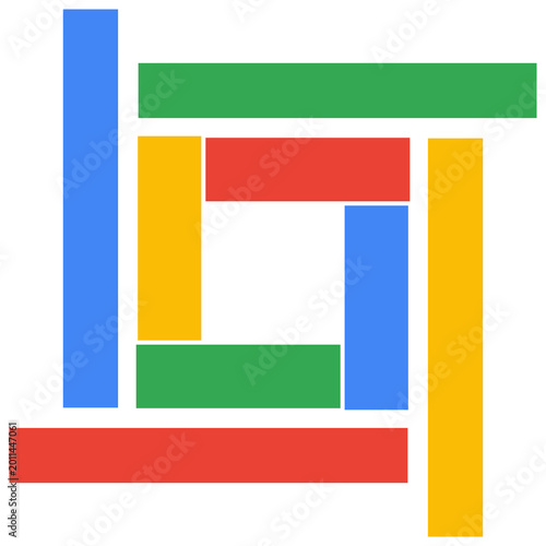 A minimalist and geometric square logo design red, Blue, green and yellow 