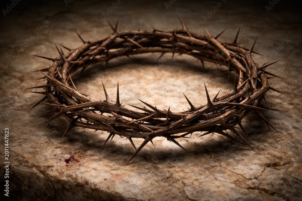 Fototapeta premium Symbolic thorn crown resting on textured marble to convey Christian suffering