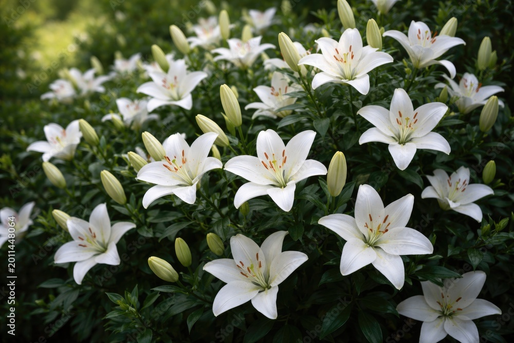 Obraz premium Pure white lilies growing densely on a bush