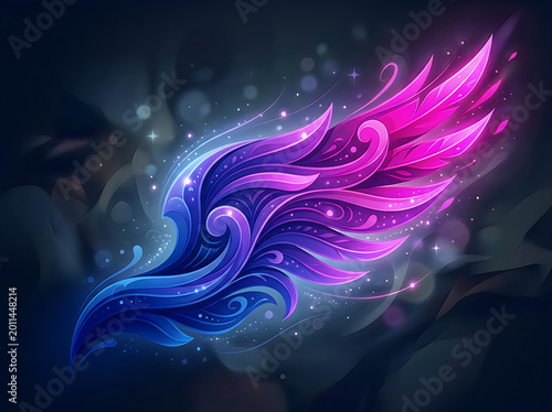 Abstract magical wing with glowing neon blue and pink colors in a dark space background