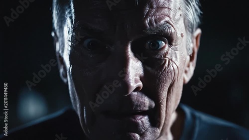 Close Up of a Sweating Stressed Senior Man with Wide Eyes Looking Directly at the Camera in a Dark Environment with Intense Lighting