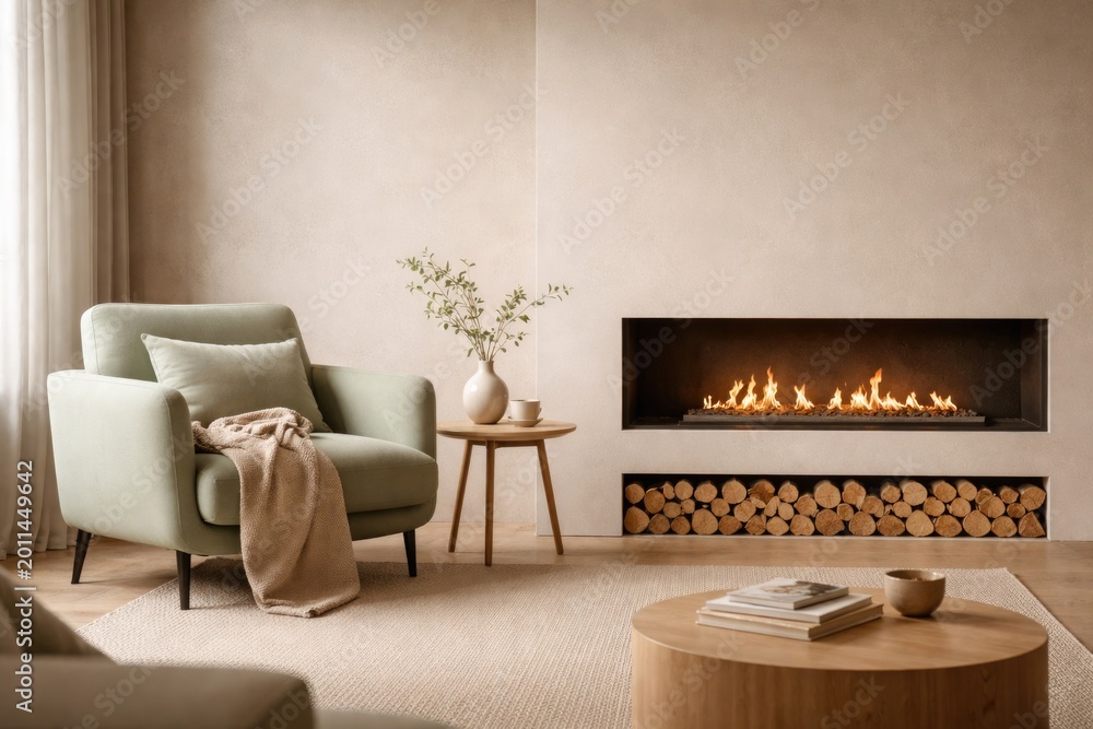 Fototapeta premium Minimalist sitting area showcasing a soft green armchair complemented by a trendy bio fireplace and firewood stack