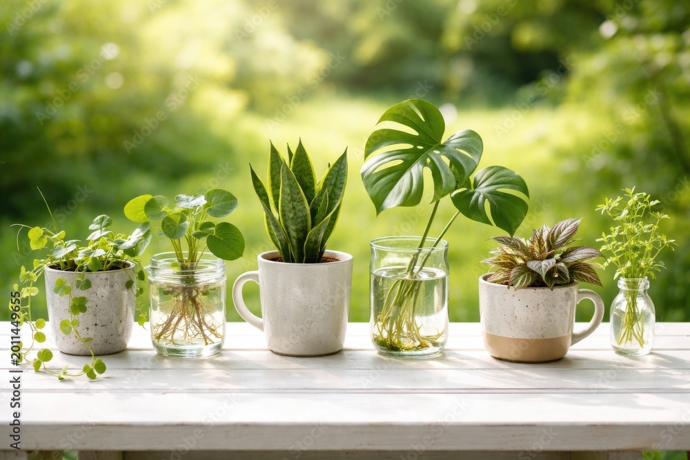 Fototapeta premium Selection of potted houseplants in cups and glass vases lined up on a white wooden table with a background of green grass