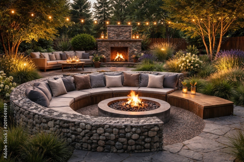 Fototapeta premium Stylish backyard relaxation area with gabion round bench, wooden seating, and scenic fireplace landscaping