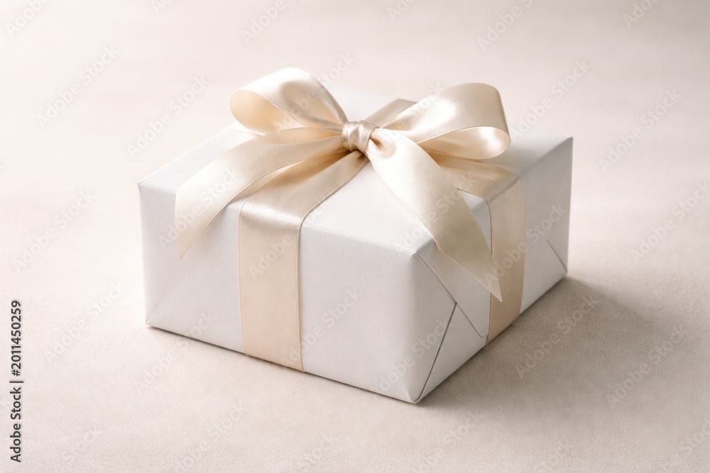 Fototapeta premium White wrapped box displayed on subtle plain surface