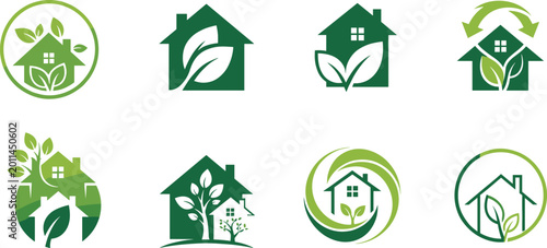 Set of professional eco friendly house logos featuring green leaves and home symbols for sustainable real estate and organic living branding