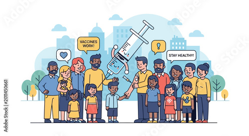 Bild auf Leinwand Diverse people, kids vaccinated, syringe, city background, health concept