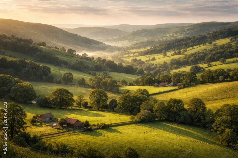 Fototapeta premium Beautiful countryside featuring undulating hills and serene valleys