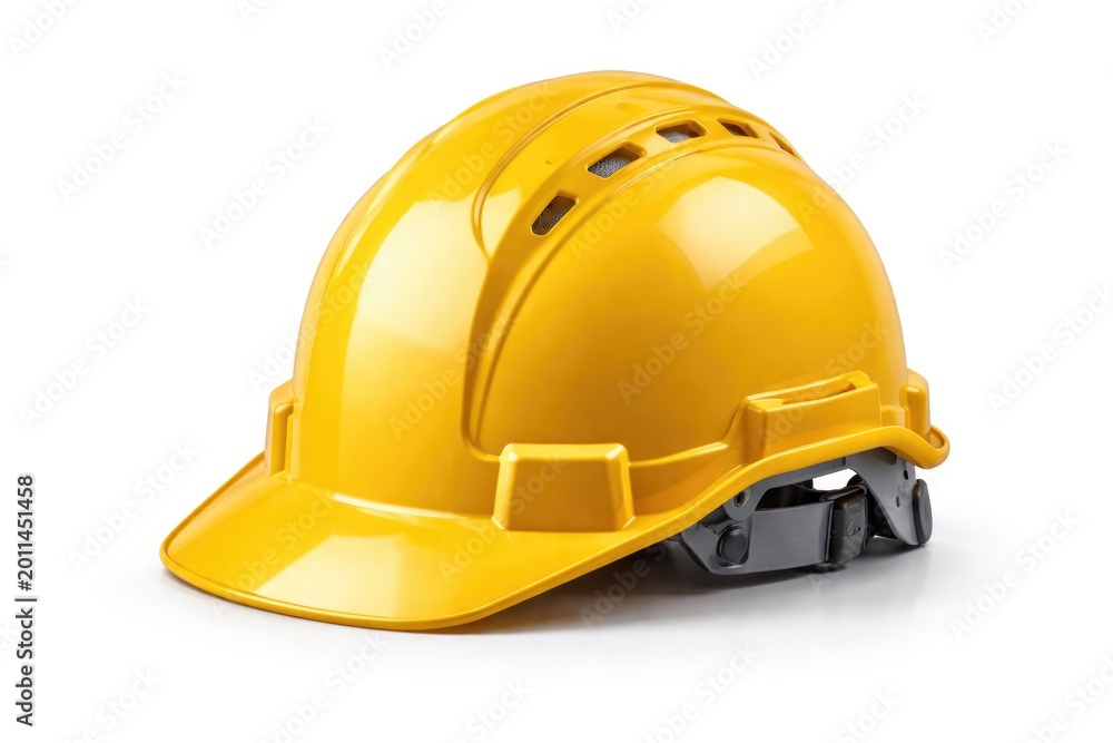 Fototapeta premium Plastic hard hat for safety featured on an uncluttered white backdrop