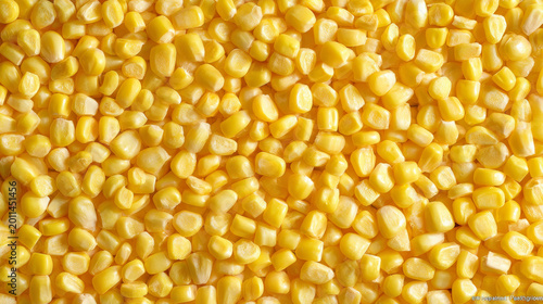 Copy space featuring flat lay of sweet corn kernels forming pattern on table surface, bright studio lighting, clean advertising look in aesthetic