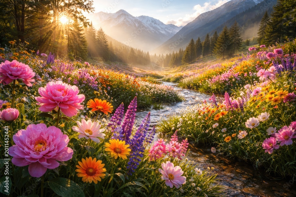 Fototapeta premium Radiant flowers blossoming in a scenic natural landscape