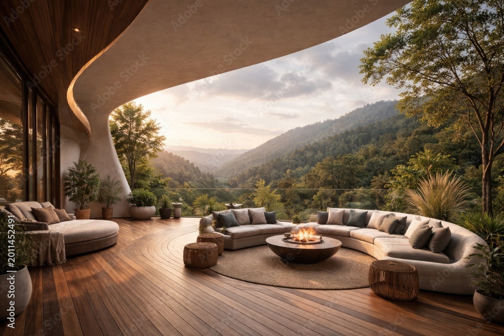 Fototapeta premium Stylish terrace with curved wall architecture and wooden floors overlooking a natural backdrop