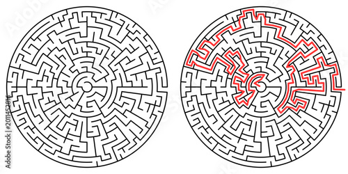 Quadro su tela Circular maze puzzle with red highlighted winding solution