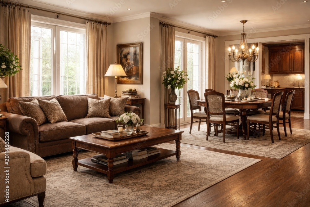 Fototapeta premium Open plan living and dining area furnished with a brown upholstered sofa and traditional wooden table plus vintage chairs