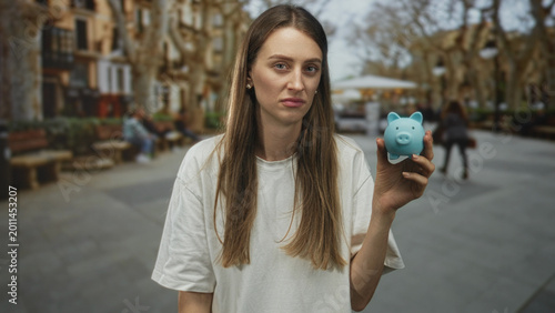 Schilderij op canvas Woman holding blue piggybank on street with visible hand and skeptical expression near benches and trees; disappointment money worry
