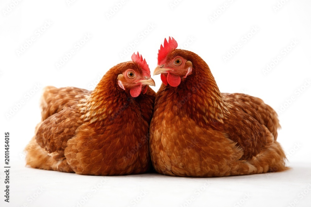 Fototapeta premium Two content brown hens nestled together on a white surface with copy space