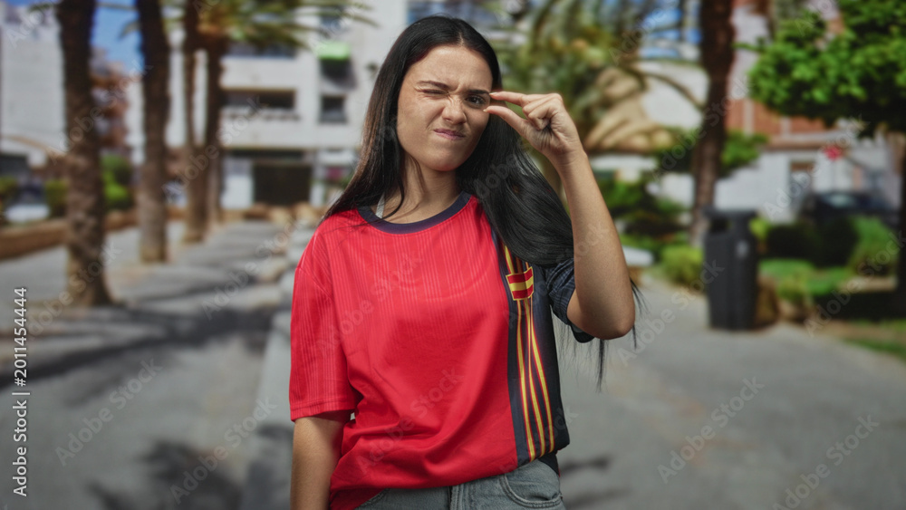 Obraz premium Woman pinches fingers near eye while wearing a red soccer jersey on a street lined with palm trees; team pride celebration.