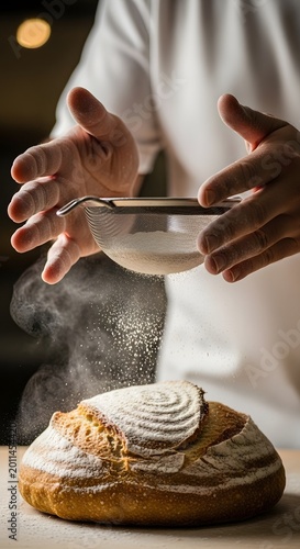 Professional baker dusting flour over fresh artisanal sourdough bread loaf in a rustic kitchen